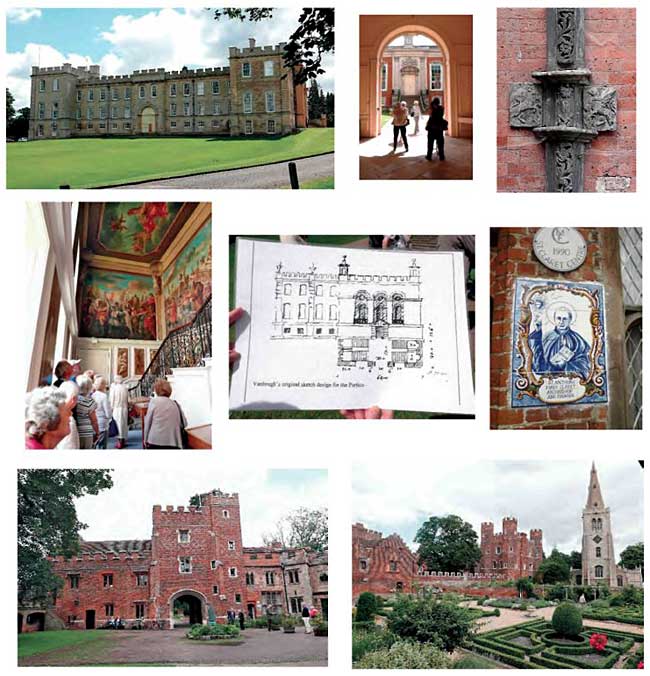 Top row: Kimbolton Castle; entrance to the Great Court; ornamental metalwork on the drainpipes; Middle row: members admire the Pellegrini murals on the Great Staircase; Vanbrugh's original drawings for the portico; St Antony Mary Claret, founder of the Claret Centre at Buckden. Bottom row: Buckden Towers; the Tudor knot garden.